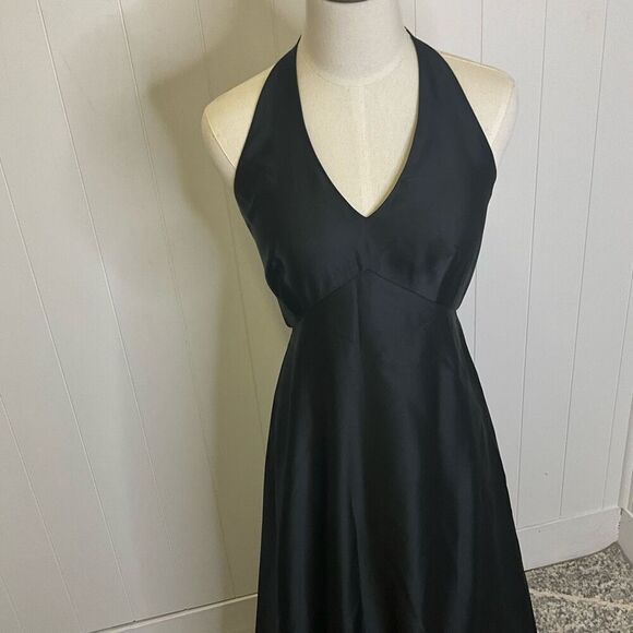 Ann Taylor Womens 6 Satin Evening Maxi Dress Black Halter Neck Open Back Zips - Picture 2 of 15